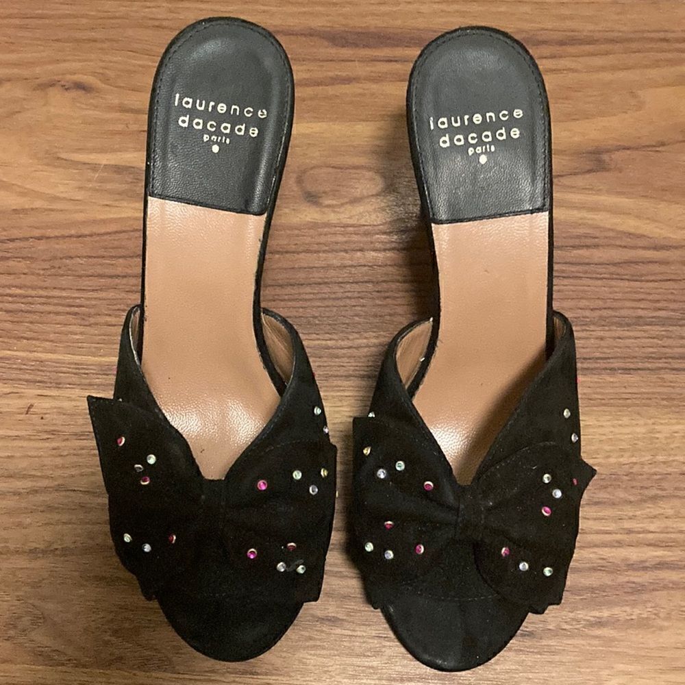 Laurence Dacade Black Suede Bow & Crystal Accent Mule. Size 38/8.